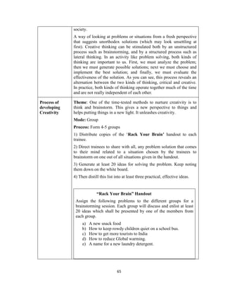 65
society.
A way of looking at problems or situations from a fresh perspective
that suggests unorthodox solutions (which may look unsettling at
first). Creative thinking can be stimulated both by an unstructured
process such as brainstorming, and by a structured process such as
lateral thinking. In an activity like problem solving, both kinds of
thinking are important to us. First, we must analyze the problem;
then we must generate possible solutions; next we must choose and
implement the best solution; and finally, we must evaluate the
effectiveness of the solution. As you can see, this process reveals an
alternation between the two kinds of thinking, critical and creative.
In practice, both kinds of thinking operate together much of the time
and are not really independent of each other.
Process of
developing
Creativity
Theme: One of the time-tested methods to nurture creativity is to
think and brainstorm. This gives a new perspective to things and
helps putting things in a new light. It unleashes creativity.
Mode: Group
Process: Form 4-5 groups
1) Distribute copies of the ‘Rack Your Brain’ handout to each
trainee.
2) Direct trainees to share with all, any problem solution that comes
to their mind related to a situation chosen by the trainees to
brainstorm on one out of all situations given in the handout.
3) Generate at least 20 ideas for solving the problem. Keep noting
them down on the white board.
4) Then distill this list into at least three practical, effective ideas.
“Rack Your Brain” Handout
Assign the following problems to the different groups for a
brainstorming session. Each group will discuss and enlist at least
20 ideas which shall be presented by one of the members from
each group.
a) A new snack food
b) How to keep rowdy children quiet on a school bus.
c) How to get more tourists to India
d) How to reduce Global warming.
e) A name for a new laundry detergent.
 