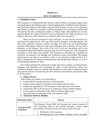 7
MODULE-2
SELF AWARENESS
1. INTRODUCTION:
Self awareness is a thinking skill that focuses a child’s ability to accurately judge his/her
own performance and behavior and to respond appropriately to different social situations.
Self-Awareness helps an individual to tune into their feelings, as well as to the behaviors
and feelings of others. For example, a child successfully uses self-awareness skills when
s/he notices that s/he is talking too loudly in a library where other children are at work,
and then adjusts the volume of his/her voice to a balanced level. While awareness is our
ability to take note; self-awareness is our ability to take note of ourselves.
When we turn our awareness to focus ourselves, we may become conscious of a
great deal of internal activity. We may notice specific thoughts or thought patterns. We
may notice particular emotions or flows of energy. We may wake up to physiological
processes taking phase within our body such as heartbeat, heat, sweating. We may notice
intuitions or gut feelings. The world of the self is rich and fascinating and we are
privileged to possess the ability to actually enjoy all of this consciously. Our capacity for
awareness is what makes this possible. Self awareness is basically our recognition of
ourselves, our character, our strengths and weaknesses, desires and dislikes. Developing
self-awareness can help us to recognize when we are stressed or under pressure. It is
often a prerequisite for effective communication and interpersonal relations, as well as
for developing empathy for others.
This module presents the theoretical concept and various aspects of self-awareness,
strategies and procedures for transacting the skills of self awareness without any
confusion, indicates scope for locating and integration of the skills in different subject
areas and the process of ascertaining to what extent the individual has acquired the skills
of self awareness.
2. OBJECTIVES:
After reading the module, you will be able to
 Understand the concept and nature of self awareness.
 Explain various aspects/components of developing self awareness.
 Explain the significance of self awareness in life especially with students.
 Transact the skill of self awareness to students by using a suitable strategy.
 Locate scope for integration of the skills in different subject areas.
 Assess the level of acquisition of the self awareness skills.
3. TRANSACTIONAL MODEL
Discussion Points Process
Concept of Self
Awareness
The Resource Person (RP) will introduce the various nuances of
self awareness skills to the trainees through a power point
presentation. The power point will consist of the following:
 Definition of self awareness
 Recognizing one’s own attitude, feelings, motives, strengths
 