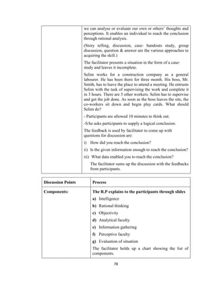 78
we can analyse or evaluate our own or others’ thoughts and
perceptions. It enables an individual to reach the conclusion
through rational analysis.
(Story telling, discussion, case- handouts study, group
discussion, question & answer are the various approaches to
acquiring the skill.)
The facilitator presents a situation in the form of a case-
study and leaves it incomplete.
Selim works for a construction company as a general
labourer. He has been there for three month. His boss, Mr.
Smith, has to leave the place to attend a meeting. He entrusts
Selim with the task of supervising the work and complete it
in 3 hours. There are 5 other workers. Selim has to supervise
and get the job done. As soon as the boss leaves the site, the
co-workers sit down and begin play cards. What should
Selim do?
- Participants are allowed 10 minutes to think out.
-S/he asks participants to supply a logical conclusion.
The feedback is used by facilitator to come up with
questions for discussion are:
i) How did you reach the conclusion?
ii) Is the given information enough to reach the conclusion?
iii) What data enabled you to reach the conclusion?
The facilitator sums up the discussion with the feedbacks
from participants.
Discussion Points Process
Components: The R.P explains to the participants through slides
a) Intelligence
b) Rational thinking
c) Objectivity
d) Analytical faculty
e) Information gathering
f) Perceptive faculty
g) Evaluation of situation
The facilitator holds up a chart showing the list of
components.
 