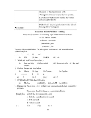 81
Assessment Tools for Critical Thinking
There are 15 questions on reasoning, logic and mathematical ability.
The test is based on time.
20 minutes – excellent
25 minutes – good
30 minutes - fair
There are 15 questions below. The participants have to select one answer form the
alternatives given.
1) 1, 3, 12, 60, ----?
(i) 120 (ii) 360 (iii) 420 (iv) 140
2) Which pair is different from others –
(i) Boat and ship (ii) Can and oil (iii) Bottle and milk (iv) Bag and
clothes.
3) Find out the odd one from below:
(i) March (ii) June (iii) February (iv) October.
4) ---------, J, P, V
(i) A (ii) D (iii) H (iv) C
5) If APNAT is PATNA, then SIMLA is:
(i) MLISA (ii) ISAML (iii) ASLIM (iv) LSIMA
6) Statement: Reservation policy for backward communities in India is essential for
progress.
Reservation should be based on economic conditions.
Conclusion: a) Only the first statement is valid.
b) Only the second statement is valid.
c) Both are valid.
d) Neither is valid.
i) a ii) b iii) c iv) d
rationality of the arguments set forth.
-Participants are asked to select the best speaker.
In conclusion, the facilitator declares the winners
and sums up the debate.
Assessment
The facilitator may ask questions to test the critical
thinking skill of participants
 