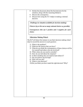 98
 Initiate the discussion about the best decision for the
situation, along with the reasoning behind it.
 Discuss the consequence.
 Discuss how using the 3C’s helps in making a rational
decision.
3)Decision Making Wheel:
The R.P will direct the trainees to use their decision making wheel
sheet to record the answers to each question:
1) What is the problem?
2) What are the choices that you have?
3) What do you think the consequences of these choices will be
for yourself and others who are involved?
4) What values do you need to consider?
5) How do you feel about the situation?
6) Is there anything else you need to learn about it?
7) Do you need to ask for help?
8) Who will you ask?
9) What is your decision?
10) Do you think you have made the right decision? Why?
Challenge (or situation available for decision making)
Choices (try to list out as many rational choices as possible)
Consequences (list out 1 positive and 1 negative for each
choice
 