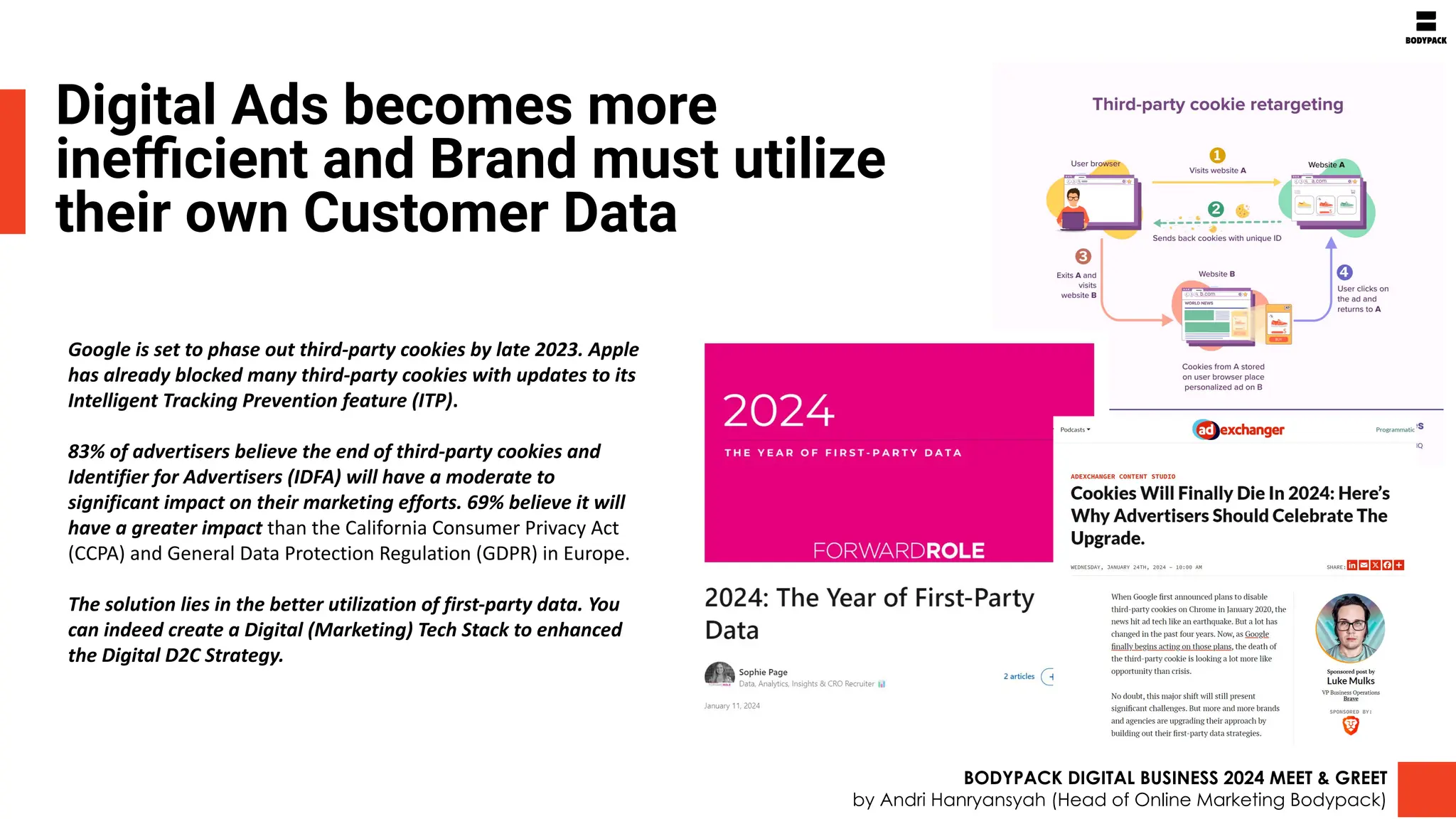 Digital Ads becomes more
ineﬃcient and Brand must utilize
their own Customer Data
Google is set to phase out third-party cookies by late 2023. Apple
has already blocked many third-party cookies with updates to its
Intelligent Tracking Prevention feature (ITP).
83% of advertisers believe the end of third-party cookies and
Identifier for Advertisers (IDFA) will have a moderate to
significant impact on their marketing efforts. 69% believe it will
have a greater impact than the California Consumer Privacy Act
(CCPA) and General Data Protection Regulation (GDPR) in Europe.
The solution lies in the better utilization of first-party data. You
can indeed create a Digital (Marketing) Tech Stack to enhanced
the Digital D2C Strategy.
BODYPACK DIGITAL BUSINESS 2024 MEET & GREET
by Andri Hanryansyah (Head of Online Marketing Bodypack)
 