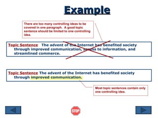 Topic Sentence   The advent of the Internet has benefited society through improved communication. Example There are too many controlling ideas to be covered in one paragraph.  A good topic sentence should be limited to one controlling idea. Most topic sentences contain only one controlling idea. Topic Sentence   The advent of the Internet has benefited society through improved communication, access to information, and streamlined commerce. 