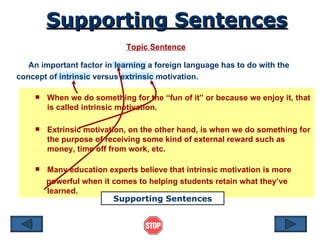 Supporting Sentences Topic Sentence An important factor in learning a foreign language has to do with the concept of intrinsic versus extrinsic motivation.  When we do something for the “fun of it” or because we enjoy it, that is called intrinsic motivation.  Extrinsic motivation, on the other hand, is when we do something for the purpose of receiving some kind of external reward such as money, time off from work, etc.  Many education experts believe that intrinsic motivation is more powerful when it comes to helping students retain what they’ve learned.  Supporting Sentences 