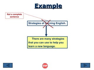 Example Strategies of learning English. There are many strategies that you can use to help you learn a new language. Not a complete sentence 