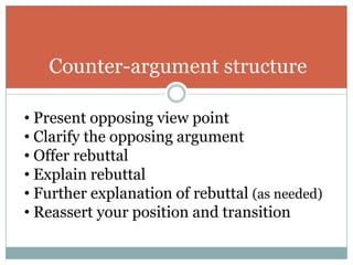 Counter-argument structure

• Present opposing view point
• Clarify the opposing argument
• Offer rebuttal
• Explain rebuttal
• Further explanation of rebuttal (as needed)
• Reassert your position and transition
 