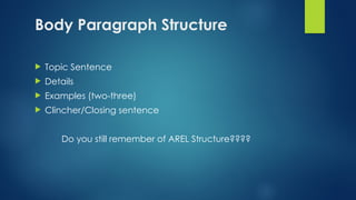 Body Paragraph Structure
 Topic Sentence
 Details
 Examples (two-three)
 Clincher/Closing sentence
Do you still remember of AREL Structure????
 