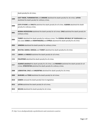 Page | 27
death penalty for all crimes.
1999
EAST TIMOR, TURKMENISTAN and UKRAINE abolished the death penalty for all crimes. LATVIA
abolished the death penalty for ordinary crimes.
2000
COTE D'IVOIRE and MALTA abolished the death penalty for all crimes. ALBANIA abolished the death
penalty for ordinary crimes.
2001
BOSNIA-HEZEGOVINA abolished the death penalty for all crimes. CHILE abolished the death penalty for
ordinary crimes.
2002
TURKEY abolished the death penalty for ordinary crimes. The FEDERAL REPUBLIC OF YUGOSLAVIA (now
two states SERBIA and MONTENEGRO) and CYPRUS abolished the death penalty for all crimes
2003 ARMENIA abolished the death penalty for ordinary crimes
2004 BHUTAN, SAMOA, SENEGAL and TURKEY abolished the death penalty for all crimes
2005 LIBERIA and MEXICO abolished the death penalty for all crimes.
2006 PHILIPPINES abolished the death penalty for all crimes.
2007
ALBANIA abolished the death penalty for all crimes. and RWANDA abolished the death penalty for all
crimes. KYRGYZSTAN abolished the death penalty for ordinary crimes.
2008 UZBEKISTAN, CHILE and ARGENTINA abolished the death penalty for all crimes.
2009 BURUNDI and TOGO abolished the death penalty for all crimes.
2010 GABON removed the death penalty from its legislation.
2012 LATVIA abolished the death penalty for all crimes.
2013 BOLIVIA abolished the death penalty for all crimes.
29. http://www.deathpenaltyinfo.org/abolitionist-and-retentionist-countries
 