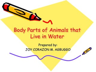 Body Parts of Animals that
Live in Water
Prepared by:
JOY CORAZON M. AGBUGGO
 