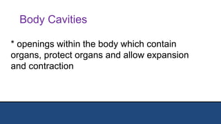 Body Cavities
* openings within the body which contain
organs, protect organs and allow expansion
and contraction
Body Cavities
 