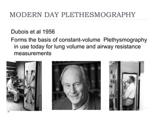 MODERN DAY PLETHESMOGRAPHY
Dubois et al 1956
Forms the basis of constant-volume Plethysmography
in use today for lung volume and airway resistance
measurements
 