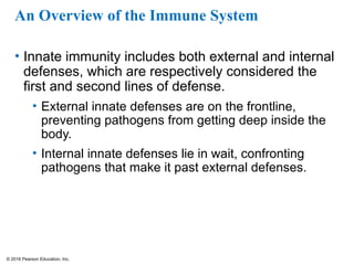 © 2016 Pearson Education, Inc.
An Overview of the Immune System
• Innate immunity includes both external and internal
defenses, which are respectively considered the
first and second lines of defense.
• External innate defenses are on the frontline,
preventing pathogens from getting deep inside the
body.
• Internal innate defenses lie in wait, confronting
pathogens that make it past external defenses.
 