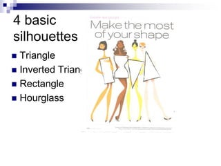 4 basic
silhouettes
 Triangle
 Inverted Triangle
 Rectangle
 Hourglass
 