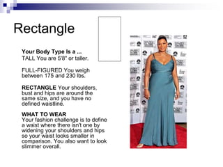Rectangle
Your Body Type Is a ...
TALL You are 5'8" or taller.
FULL-FIGURED You weigh
between 175 and 230 lbs.
RECTANGLE Your shoulders,
bust and hips are around the
same size, and you have no
defined waistline.
WHAT TO WEAR
Your fashion challenge is to define
a waist where there isn't one by
widening your shoulders and hips
so your waist looks smaller in
comparison. You also want to look
slimmer overall.
 