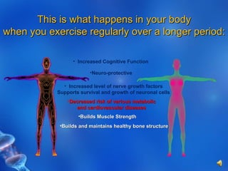 This is what happens in your body when you exercise regularly over a longer period: Builds and maintains healthy bone structure Builds Muscle Strength Decreased risk of various metabolic and cardiovascular diseases Increased Cognitive Function Increased level of nerve growth factors Supports survival and growth of neuronal cells Neuro-protective 