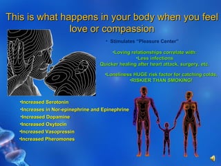 This is what happens in your body when you feel love or compassion Stimulates “Pleasure Center” Increased Serotonin Increases in Nor-epinephrine and Epinephrine Increased Dopamine Increased Vasopressin Increased Oxytocin Increased Pheromones Loving relationships correlate with: Less infections Quicker healing after heart attack, surgery, etc. Loneliness HUGE risk factor for catching colds, RISKIER THAN SMOKING! 