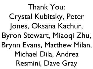 Thank You: Crystal Kubitsky, Peter Jones, Oksana Kachur, Byron Stewart, Miaoqi Zhu, Brynn Evans,  Matthew Milan, Michael D...