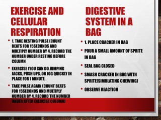 EXERCISE AND
CELLULAR
RESPIRATION
• 1. TAKE RESTING PULSE (COUNT
BEATS FOR 15SECONDS AND
MULTIPLY NUMBER BY 4. RECORD THE
NUMBER UNDER RESTING BEFORE
COLUMN
• EXERCISE (YOU CAN DO JUMPING
JACKS, PUSH UPS, OR JOG QUICKLY IN
PLACE FOR 1 MINUTE.
• TAKE PULSE AGAIN (COUNT BEATS
FOR 15SECONDS AND MULTIPLY
NUMBER BY 4. RECORD THE NUMBER
UNDER AFTER EXERCISE COLUMN)
DIGESTIVE
SYSTEM IN A
BAG
• 1. PLACE CRACKER IN BAG
• POUR A SMALL AMOUNT OF SPRITE
IN BAG
• SEAL BAG CLOSED
• SMASH CRACKER IN BAG WITH
SPRITE(SIMULATING CHEWING)
• OBSERVE REACTION
 