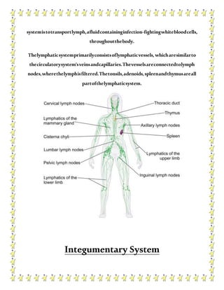 systemistotransportlymph,afluidcontaininginfection-fightingwhitebloodcells,
throughoutthebody.
Thelymphaticsystemprimarilyconsistsoflymphaticvessels, whicharesimilarto
thecirculatorysystem'sveinsandcapillaries.Thevesselsareconnectedtolymph
nodes,wherethelymphisfiltered.Thetonsils,adenoids,spleenandthymusareall
partofthelymphaticsystem.
Integumentary System
 