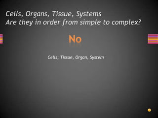 Cells, Organs, Tissue, Systems
Are they in order from simple to complex?



            Cells, Tissue, Organ, System
 
