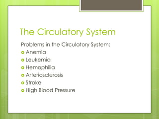 The Circulatory System
Problems in the Circulatory System:
 Anemia
 Leukemia
 Hemophilia
 Arteriosclerosis
 Stroke
 High Blood Pressure

 