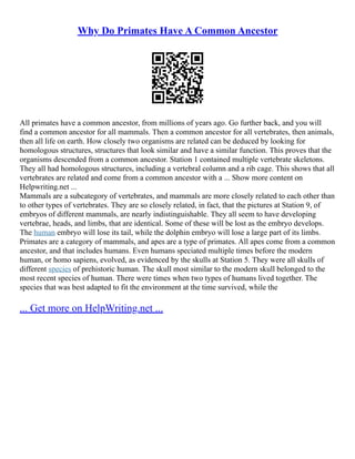 Why Do Primates Have A Common Ancestor
All primates have a common ancestor, from millions of years ago. Go further back, and you will
find a common ancestor for all mammals. Then a common ancestor for all vertebrates, then animals,
then all life on earth. How closely two organisms are related can be deduced by looking for
homologous structures, structures that look similar and have a similar function. This proves that the
organisms descended from a common ancestor. Station 1 contained multiple vertebrate skeletons.
They all had homologous structures, including a vertebral column and a rib cage. This shows that all
vertebrates are related and come from a common ancestor with a ... Show more content on
Helpwriting.net ...
Mammals are a subcategory of vertebrates, and mammals are more closely related to each other than
to other types of vertebrates. They are so closely related, in fact, that the pictures at Station 9, of
embryos of different mammals, are nearly indistinguishable. They all seem to have developing
vertebrae, heads, and limbs, that are identical. Some of these will be lost as the embryo develops.
The human embryo will lose its tail, while the dolphin embryo will lose a large part of its limbs.
Primates are a category of mammals, and apes are a type of primates. All apes come from a common
ancestor, and that includes humans. Even humans speciated multiple times before the modern
human, or homo sapiens, evolved, as evidenced by the skulls at Station 5. They were all skulls of
different species of prehistoric human. The skull most similar to the modern skull belonged to the
most recent species of human. There were times when two types of humans lived together. The
species that was best adapted to fit the environment at the time survived, while the
... Get more on HelpWriting.net ...
 