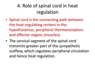 4. Role of spinal cord in heat
regulation
• Spinal cord is the connecting path between
the heat-regulating centers in the
hypothalamus, peripheral thermoreceptors
and effector organs (muscles).
• The cervical segment of the spinal cord
transmits greater part of the sympathetic
outflow, which regulates peripheral circulation
and hence heat regulation.
 