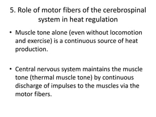 5. Role of motor fibers of the cerebrospinal
system in heat regulation
• Muscle tone alone (even without locomotion
and exercise) is a continuous source of heat
production.
• Central nervous system maintains the muscle
tone (thermal muscle tone) by continuous
discharge of impulses to the muscles via the
motor fibers.
 