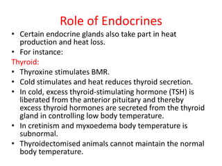 Role of Endocrines
• Certain endocrine glands also take part in heat
production and heat loss.
• For instance:
Thyroid:
• Thyroxine stimulates BMR.
• Cold stimulates and heat reduces thyroid secretion.
• In cold, excess thyroid-stimulating hormone (TSH) is
liberated from the anterior pituitary and thereby
excess thyroid hormones are secreted from the thyroid
gland in controlling low body temperature.
• In cretinism and myxoedema body temperature is
subnormal.
• Thyroidectomised animals cannot maintain the normal
body temperature.
 