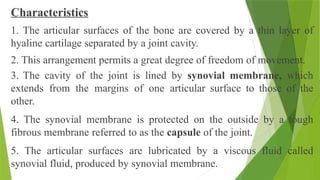 Characteristics
1. The articular surfaces of the bone are covered by a thin layer of
hyaline cartilage separated by a joint cavity.
2. This arrangement permits a great degree of freedom of movement.
3. The cavity of the joint is lined by synovial membrane, which
extends from the margins of one articular surface to those of the
other.
4. The synovial membrane is protected on the outside by a tough
fibrous membrane referred to as the capsule of the joint.
5. The articular surfaces are lubricated by a viscous fluid called
synovial fluid, produced by synovial membrane.
 