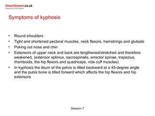 Session 7
Symptoms of kyphosis
• Round shoulders
• Tight and shortened pectoral muscles, neck flexors, hamstrings and gluteals
• Poking out nose and chin
• Extensors of upper neck and back are lengthened/stretched and therefore
weakened, (extensor splinius, sacrospinalis, errector spinae, trapezius,
rhomboids, the hip flexors and quadriceps, rota cuff muscles)
• In kyphosis the ileum of the pelvis is tilted backward at a 45-degree angle
and the pubis bone is tilted forward which affects the hip flexors and hip
extensors
 