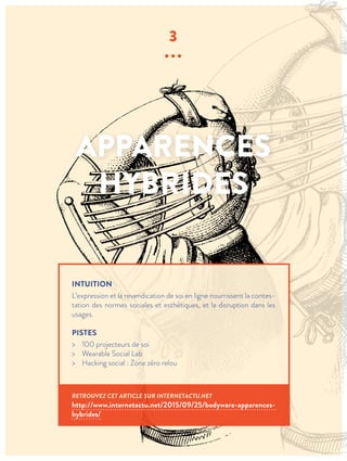 APPARENCES
HYBRIDES
3
∙∙∙
INTUITION
L’expression et la revendication de soi en ligne nourrissent la contes-
tation des normes sociales et esthétiques, et la disruption dans les
usages.
PISTES
> 100 projecteurs de soi
> Wearable Social Lab
> Hacking social : Zone zéro relou
RETROUVEZ CET ARTICLE SUR INTERNETACTU.NET
http://www.internetactu.net/2015/09/25/bodyware-apparences-
hybrides/
 