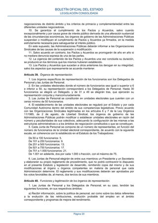 negociaciones de distinto ámbito y los criterios de primacía y complementariedad entre las
diferentes unidades negociadoras.
10. Se garantiza el cumplimiento de los Pactos y Acuerdos, salvo cuando
excepcionalmente y por causa grave de interés público derivada de una alteración sustancial
de las circunstancias económicas, los órganos de gobierno de las Administraciones Públicas
suspendan o modifiquen el cumplimiento de Pactos y Acuerdos ya firmados, en la medida
estrictamente necesaria para salvaguardar el interés público.
En este supuesto, las Administraciones Públicas deberán informar a las Organizaciones
Sindicales de las causas de la suspensión o modificación.
11. Salvo acuerdo en contrario, los Pactos y Acuerdos se prorrogarán de año en año si
no mediara denuncia expresa de una de las partes.
12. La vigencia del contenido de los Pactos y Acuerdos una vez concluida su duración,
se producirá en los términos que los mismos hubieren establecido.
13. Los Pactos y Acuerdos que sucedan a otros anteriores los derogan en su integridad,
salvo los aspectos que expresamente se acuerde mantener.
Artículo 39. Órganos de representación.
1. Los órganos específicos de representación de los funcionarios son los Delegados de
Personal y las Juntas de Personal.
2. En las unidades electorales donde el número de funcionarios sea igual o superior a 6
e inferior a 50, su representación corresponderá a los Delegados de Personal. Hasta 30
funcionarios se elegirá un Delegado, y de 31 a 49 se elegirán tres, que ejercerán su
representación conjunta y mancomunadamente.
3. Las Juntas de Personal se constituirán en unidades electorales que cuenten con un
censo mínimo de 50 funcionarios.
4. El establecimiento de las unidades electorales se regulará por el Estado y por cada
Comunidad Autónoma dentro del ámbito de sus competencias legislativas. Previo acuerdo
con las Organizaciones Sindicales legitimadas en los artículos 6 y 7 de la Ley Orgánica
11/1985, de 2 de agosto, de Libertad Sindical, los órganos de gobierno de las
Administraciones Públicas podrán modificar o establecer unidades electorales en razón del
número y peculiaridades de sus colectivos, adecuando la configuración de las mismas a las
estructuras administrativas o a los ámbitos de negociación constituidos o que se constituyan.
5. Cada Junta de Personal se compone de un número de representantes, en función del
número de funcionarios de la Unidad electoral correspondiente, de acuerdo con la siguiente
escala, en coherencia con lo establecido en el Estatuto de los Trabajadores:
De 50 a 100 funcionarios: 5.
De 101 a 250 funcionarios: 9.
De 251 a 500 funcionarios: 13.
De 501 a 750 funcionarios: 17.
De 751 a 1.000 funcionarios: 21.
De 1.001 en adelante, dos por cada 1.000 o fracción, con el máximo de 75.
6. Las Juntas de Personal elegirán de entre sus miembros un Presidente y un Secretario
y elaborarán su propio reglamento de procedimiento, que no podrá contravenir lo dispuesto
en el presente Estatuto y legislación de desarrollo, remitiendo copia del mismo y de sus
modificaciones al órgano u órganos competentes en materia de personal que cada
Administración determine. El reglamento y sus modificaciones deberán ser aprobados por
los votos favorables de, al menos, dos tercios de sus miembros.
Artículo 40. Funciones y legitimación de los órganos de representación.
1. Las Juntas de Personal y los Delegados de Personal, en su caso, tendrán las
siguientes funciones, en sus respectivos ámbitos:
a) Recibir información, sobre la política de personal, así como sobre los datos referentes
a la evolución de las retribuciones, evolución probable del empleo en el ámbito
correspondiente y programas de mejora del rendimiento.
BOLETÍN OFICIAL DEL ESTADO
LEGISLACIÓN CONSOLIDADA
Página 20
 