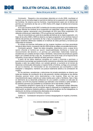BOLETÍN OFICIAL DEL ESTADO
Núm. 153	                                   Martes 28 de junio de 2011	                             Sec. III. Pág. 69001


                Conclusión.  Respecto a los porcentajes obtenidos en el año 2006, manifestar al
            respecto que la normativa legal no permitía el disfrute de la suspensión por maternidad a
            los hombres. Se observa que los hombres, mayoritariamente optan por el disfrute del
            permiso por nacimiento de hijo con un 94% frente al 6% eligen el disfrute de la licencia
            por maternidad.
                En lo que concierne al año 2007, la distribución de estos porcentajes varía notablemente
            al poder disfrutar los hombres de la suspensión por paternidad, según lo dispuesto en la
            normativa vigente, alcanzando unos porcentajes de 22% para dicha suspensión, 5%
            referente a licencia por maternidad y 73% en permiso por nacimiento de hijo.
                Ante el conocimiento por parte de la plantilla del disfrute de la citada suspensión, a lo
            largo de los años 2008 y 2009 se observa una ligera progresión en los hombres hacia el
            disfrute del permiso por nacimiento de hijo o hija y la suspensión por paternidad, si bien
            siguen existiendo diferencias notables en el disfrute de estos permisos y la licencia por
            maternidad en hombres.
                El número de licencias disfrutadas por las mujeres mantiene una línea ascendente
            durante el último trienio, a excepción del año 2009 donde se refleja una sensible disminución.
                Conclusión general.  Según los datos recogidos, observamos como, a pesar de la
            opción ofrecida al hombre por asumir responsabilidades familiares a través del
            reconocimiento del derecho a un permiso por paternidad, maternidad, lactancia,
            excedencias por cuidados de hijos e hijas o familiares, reducciones de jornada por guarda
            legal o por cuidados de hijo o hija, etc., se aprecia como es la mujer, en la mayoría de los
            supuestos, la que opta por disfrutar de estos permisos o licencias.
                A partir de los datos objetivos recogidos en cuanto a licencias y permisos, y
            examinando el porcentaje que posteriormente mostraremos referente a las contrataciones
            llevadas a cabo, las cuales indican, con carácter general, un aumento en el número de
            relaciones contractuales efectuadas a mujeres frente a hombres, se llega a la conclusión
            de que la empresa, sin menoscabar en las circunstancias que acompañan a cada
            trabajador o trabajadora, mantiene una postura totalmente abierta a la contratación de
            mujeres.
                En los permisos, excedencias y reducciones de jornada estudiados se observa que
            todas las medidas de conciliación de la vida personal y familiar arbitradas en las últimas
            décadas parecen tener como destinatarias a las mujeres. Ellas son las que
            mayoritariamente siguen optando por estas medias para cuidar a familiares, hijos o hijas
            en detrimento de su desarrollo profesional. Es una cuestión a analizar en este plan de
            igualdad, con el fin de proponer medidas que estimulen a los hombres a optar también a
            los distintos permisos que posibilitan la conciliación de la vida familiar y laboral.
                Contratación temporal e ingreso fijo en la empresa.  Actualmente existen diferentes
            relaciones contractuales que se conciertan según lo dispuesto en la legislación vigente. A
            continuación se plasma mediante gráficos y atendiendo al género de los trabajadores, la
            distribución de dichas contrataciones efectuadas en la empresa.
                Contratación temporal en hombres y mujeres.
               Gráfico 11.  Contratación temporal en Correos desagregados en mujeres y hombres.
            Año 2010.

                                       TOTAL CONTRATOS TEMPORALES HOMBRES/ MUJERES




                                                                         37,83%
                                                                                                                      cve: BOE-A-2011-11162




                                                                                  Hombres
                                                                                  Mujeres

                                   62,17%
 