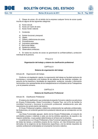 BOLETÍN OFICIAL DEL ESTADO
Núm. 153	                                  Martes 28 de junio de 2011	                           Sec. III. Pág. 68897


                2.  Clases de acoso.–En el ámbito de la empresa cualquier forma de acoso queda
            inscrita en alguna de las siguientes categorías:

               a)  Acoso sexual.
               b)  Acoso por razón de sexo.
               c)  Acoso moral o laboral.

               3. Contenido:

               a)  Ámbito funcional y temporal.
               b) Objeto.
               c)  Clases y definiciones de acoso.
               d) Procedimientos.
               e)  Supuestos especiales.
               f)  Denuncias falsas.
               g)  Asistencia médica.
               h)  Observatorio antiacoso.

                4.  En todos los asuntos de acoso se garantizará la confidencialidad y protección
            individual de la persona.

                                                       TÍTULO IV

                       Organización del trabajo y sistema de clasificación profesional

                                                   CAPÍTULO I

                                      Sistema de organización del trabajo

            Artículo 29.  Organización del trabajo.

                Conforme a la legislación vigente, la organización del trabajo es facultad exclusiva de
            la empresa y corresponde a los titulares de las jefaturas de las distintas unidades, sin
            perjuicio de los derechos y facultades de negociación, audiencia, consulta o información
            reconocidos a los representantes de los trabajadores/as en el Estatuto de los Trabajadores
            y en el presente convenio.

                                                   CAPÍTULO II

                                     Sistema de Clasificación Profesional

            Artículo 30.  Clasificación Profesional.

                 El sistema de clasificación que contempla el presente Convenio colectivo se estructura
            en Grupos Profesionales, Áreas Funcionales y Puestos Tipo, con el fin de facilitar la
            movilidad funcional y favorecer la promoción profesional, estableciendo para ello
            mecanismos de carrera dentro del sistema.
                 El Grupo Profesional engloba y determina unitariamente las aptitudes profesionales,
            las titulaciones y el contenido general de la prestación laboral que se corresponde con los
            mismos.
                 Las Áreas Funcionales agrupan, dentro de los Grupos Profesionales, el conjunto de
            actividades propias o relativas a cada uno de los ámbitos operativos, de soporte o de
                                                                                                                   cve: BOE-A-2011-11162




            negocio existentes, o que puedan determinarse en el futuro por la empresa.
                 La pertenencia a un Grupo Profesional y Área Funcional capacita para el desempeño
            de todas las tareas y cometidos propios de los mismos, sin más limitaciones que las
            derivadas de la exigencia de las titulaciones específicas y de los demás requisitos de
            carácter profesional contemplados en el presente Convenio colectivo.
 
