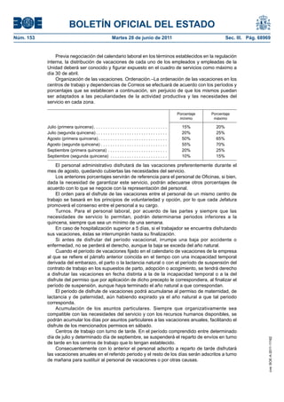 BOLETÍN OFICIAL DEL ESTADO
Núm. 153	                                                  Martes 28 de junio de 2011	                                     Sec. III. Pág. 68969


                Previa negociación del calendario laboral en los términos establecidos en la regulación
            interna, la distribución de vacaciones de cada uno de los empleados y empleadas de la
            Unidad deberá ser conocido y figurar expuesto en el cuadro de servicios como máximo a
            día 30 de abril.
                Organización de las vacaciones. Ordenación.–La ordenación de las vacaciones en los
            centros de trabajo y dependencias de Correos se efectuará de acuerdo con los períodos y
            porcentajes que se establecen a continuación, sin perjuicio de que los mismos puedan
            ser adaptados a las peculiaridades de la actividad productiva y las necesidades del
            servicio en cada zona.

                                                                                                      Porcentaje   Porcentaje
                                                                                                       mínimo       máximo

            Julio (primera quincena)  . . . . . . . . . . . . . . . . . . . . . . . . . . . . . . .     15%          20%
            Julio (segunda quincena)  . . . . . . . . . . . . . . . . . . . . . . . . . . . . . .       20%          25%
            Agosto (primera quincena)  . . . . . . . . . . . . . . . . . . . . . . . . . . . . .        50%          65%
            Agosto (segunda quincena) . . . . . . . . . . . . . . . . . . . . . . . . . . . .           55%          70%
            Septiembre (primera quincena) . . . . . . . . . . . . . . . . . . . . . . . . . .           20%          25%
            Septiembre (segunda quincena) . . . . . . . . . . . . . . . . . . . . . . . . .             10%          15%

                El personal administrativo disfrutará de las vacaciones preferentemente durante el
            mes de agosto, quedando cubiertas las necesidades del servicio.
                Los anteriores porcentajes servirán de referencia para el personal de Oficinas, si bien,
            dada la necesidad de garantizar este servicio, podrán adecuarse otros porcentajes de
            acuerdo con lo que se negocie con la representación del personal.
                El orden para el disfrute de las vacaciones entre el personal de un mismo centro de
            trabajo se basará en los principios de voluntariedad y opción, por lo que cada Jefatura
            promoverá el consenso entre el personal a su cargo.
                Turnos. Para el personal laboral, por acuerdo de las partes y siempre que las
            necesidades de servicio lo permitan, podrán determinarse periodos inferiores a la
            quincena, siempre que sea un mínimo de una semana.
                En caso de hospitalización superior a 5 días, si el trabajador se encuentra disfrutando
            sus vacaciones, éstas se interrumpirán hasta su finalización.
                Si antes de disfrutar del período vacacional, irrumpe una baja por accidente o
            enfermedad, no se perderá el derecho, aunque la baja se exceda del año natural.
                Cuando el período de vacaciones fijado en el calendario de vacaciones de la empresa
            al que se refiere el párrafo anterior coincida en el tiempo con una incapacidad temporal
            derivada del embarazo, el parto o la lactancia natural o con el período de suspensión del
            contrato de trabajo en los supuestos de parto, adopción o acogimiento, se tendrá derecho
            a disfrutar las vacaciones en fecha distinta a la de la incapacidad temporal o a la del
            disfrute del permiso que por aplicación de dicho precepto le correspondiera, al finalizar el
            período de suspensión, aunque haya terminado el año natural a que correspondan.
                El periodo de disfrute de vacaciones podrá acumularse al permiso de maternidad, de
            lactancia y de paternidad, aún habiendo expirado ya el año natural a que tal periodo
            corresponda.
                Acumulación de los asuntos particulares. Siempre que organizativamente sea
            compatible con las necesidades del servicio y con los recursos humanos disponibles, se
            podrán acumular los días por asuntos particulares a las vacaciones anuales, facilitando el
            disfrute de los mencionados permisos en sábado.
                Centros de trabajo con turno de tarde. En el período comprendido entre determinado
            día de julio y determinado día de septiembre, se suspenderá el reparto de envíos en turno
                                                                                                                                             cve: BOE-A-2011-11162




            de tarde en los centros de trabajo que lo tengan establecido.
                Consecuentemente con lo anterior el personal adscrito a reparto de tarde disfrutará
            las vacaciones anuales en el referido periodo y el resto de los días serán adscritos a turno
            de mañana para sustituir al personal de vacaciones o por otras causas.
 