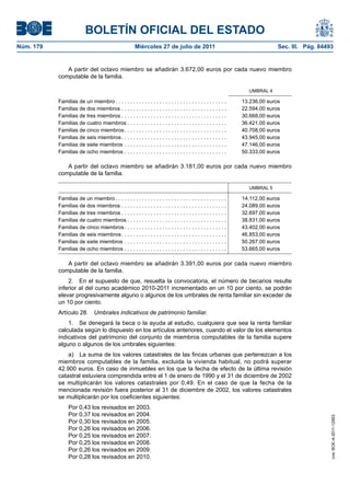 BOLETÍN OFICIAL DEL ESTADO
Núm. 179                                               Miércoles 27 de julio de 2011                                          Sec. III. Pág. 84493


              A partir del octavo miembro se añadirán 3.672,00 euros por cada nuevo miembro
           computable de la familia.

                                                                                                                  UMBRAL 4

           Familias de un miembro . . . . . . . . . . . . . . . . . . . . . . . . . . . . . . . . . . . . . .   13.236,00 euros
           Familias de dos miembros . . . . . . . . . . . . . . . . . . . . . . . . . . . . . . . . . . . .     22.594,00 euros
           Familias de tres miembros . . . . . . . . . . . . . . . . . . . . . . . . . . . . . . . . . . . .    30.668,00 euros
           Familias de cuatro miembros . . . . . . . . . . . . . . . . . . . . . . . . . . . . . . . . . .      36.421,00 euros
           Familias de cinco miembros . . . . . . . . . . . . . . . . . . . . . . . . . . . . . . . . . . .     40.708,00 euros
           Familias de seis miembros . . . . . . . . . . . . . . . . . . . . . . . . . . . . . . . . . . . .    43.945,00 euros
           Familias de siete miembros . . . . . . . . . . . . . . . . . . . . . . . . . . . . . . . . . . .     47.146,00 euros
           Familias de ocho miembros . . . . . . . . . . . . . . . . . . . . . . . . . . . . . . . . . . .      50.333,00 euros

              A partir del octavo miembro se añadirán 3.181,00 euros por cada nuevo miembro
           computable de la familia.

                                                                                                                  UMBRAL 5

           Familias de un miembro . . . . . . . . . . . . . . . . . . . . . . . . . . . . . . . . . . . . . .   14.112,00 euros
           Familias de dos miembros . . . . . . . . . . . . . . . . . . . . . . . . . . . . . . . . . . . .     24.089,00 euros
           Familias de tres miembros . . . . . . . . . . . . . . . . . . . . . . . . . . . . . . . . . . . .    32.697,00 euros
           Familias de cuatro miembros . . . . . . . . . . . . . . . . . . . . . . . . . . . . . . . . . .      38.831,00 euros
           Familias de cinco miembros . . . . . . . . . . . . . . . . . . . . . . . . . . . . . . . . . . .     43.402,00 euros
           Familias de seis miembros . . . . . . . . . . . . . . . . . . . . . . . . . . . . . . . . . . . .    46.853,00 euros
           Familias de siete miembros . . . . . . . . . . . . . . . . . . . . . . . . . . . . . . . . . . .     50.267,00 euros
           Familias de ocho miembros . . . . . . . . . . . . . . . . . . . . . . . . . . . . . . . . . . .      53.665,00 euros

              A partir del octavo miembro se añadirán 3.391,00 euros por cada nuevo miembro
           computable de la familia.
               2. En el supuesto de que, resuelta la convocatoria, el número de becarios resulte
           inferior al del curso académico 2010-2011 incrementado en un 10 por ciento, se podrán
           elevar progresivamente alguno o algunos de los umbrales de renta familiar sin exceder de
           un 10 por ciento.
           Artículo 28.        Umbrales indicativos de patrimonio familiar.
               1. Se denegará la beca o la ayuda al estudio, cualquiera que sea la renta familiar
           calculada según lo dispuesto en los artículos anteriores, cuando el valor de los elementos
           indicativos del patrimonio del conjunto de miembros computables de la familia supere
           alguno o algunos de los umbrales siguientes:
               a) La suma de los valores catastrales de las fincas urbanas que pertenezcan a los
           miembros computables de la familia, excluida la vivienda habitual, no podrá superar
           42.900 euros. En caso de inmuebles en los que la fecha de efecto de la última revisión
           catastral estuviera comprendida entre el 1 de enero de 1990 y el 31 de diciembre de 2002
           se multiplicarán los valores catastrales por 0,49. En el caso de que la fecha de la
           mencionada revisión fuera posterior al 31 de diciembre de 2002, los valores catastrales
           se multiplicarán por los coeficientes siguientes:
                Por 0,43 los revisados en 2003.
                Por 0,37 los revisados en 2004.
                                                                                                                                                cve: BOE-A-2011-12953




                Por 0,30 los revisados en 2005.
                Por 0,26 los revisados en 2006.
                Por 0,25 los revisados en 2007.
                Por 0,25 los revisados en 2008.
                Por 0,26 los revisados en 2009.
                Por 0,28 los revisados en 2010.
 