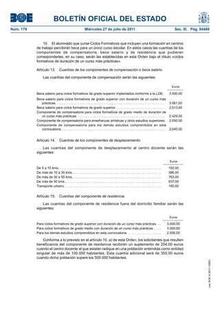 BOLETÍN OFICIAL DEL ESTADO
Núm. 179                                                   Miércoles 27 de julio de 2011                                                           Sec. III. Pág. 84488


               10. El alumnado que curse Ciclos Formativos que incluyen una formación en centros
           de trabajo percibirán beca para un único curso escolar. En estos casos las cuantías de los
           componentes de compensatoria, beca salario y de residencia que pudieran
           corresponderles, en su caso, serán las establecidas en esta Orden bajo el rótulo «ciclos
           formativos de duración de un curso más prácticas».

           Artículo 13.          Cuantías de los componentes de compensación o beca salario.

                 Las cuantías del componente de compensación serán las siguientes:

                                                                                                                                                  Euros

           Beca salario para ciclos formativos de grado superior implantados conforme a la LOE.                                                 3.500,00
           Beca salario para ciclos formativos de grado superior con duración de un curso más
              prácticas. . . . . . . . . . . . . . . . . . . . . . . . . . . . . . . . . . . . . . . . . . . . . . . . . . . . . . . . . . .    3.061,00
           Beca salario para ciclos formativos de grado superior. . . . . . . . . . . . . . . . . . . . . . . . . . .                           2.513,00
           Componente de compensatoria para ciclos formativos de grado medio de duración de
              un curso más prácticas. . . . . . . . . . . . . . . . . . . . . . . . . . . . . . . . . . . . . . . . . . . . . . . .             2.429,00
           Componente de compensatoria para enseñanzas artísticas y otros estudios superiores.                                                  2.550,00
           Componente de compensatoria para los demás estudios comprendidos en esta
              convocatoria. . . . . . . . . . . . . . . . . . . . . . . . . . . . . . . . . . . . . . . . . . . . . . . . . . . . . . . .       2.040,00


           Artículo 14.          Cuantías de los componentes de desplazamiento.

               Las cuantías del componente de desplazamiento al centro docente serán las
           siguientes:

                                                                                                                                                Euros

           De 5 a 10 kms. . . . . . . . . . . . . . . . . . . . . . . . . . . . . . . . . . . . . . . . . . . . . . . . . . . . . . . .        192,00
           De más de 10 a 30 kms.. . . . . . . . . . . . . . . . . . . . . . . . . . . . . . . . . . . . . . . . . . . . . . . .               386,00
           De más de 30 a 50 kms.. . . . . . . . . . . . . . . . . . . . . . . . . . . . . . . . . . . . . . . . . . . . . . . .               763,00
           De más de 50 kms.. . . . . . . . . . . . . . . . . . . . . . . . . . . . . . . . . . . . . . . . . . . . . . . . . . . .            937,00
           Transporte urbano . . . . . . . . . . . . . . . . . . . . . . . . . . . . . . . . . . . . . . . . . . . . . . . . . . . .           185,00


           Artículo 15.          Cuantías del componente de residencia.

               Las cuantías del componente de residencia fuera del domicilio familiar serán las
           siguientes:

                                                                                                                                                Euros

           Para ciclos formativos de grado superior con duración de un curso más prácticas. . .                                                3.000,00
           Para ciclos formativos de grado medio con duración de un curso más prácticas . . . .                                                3.000,00
           Para los demás estudios comprendidos en esta convocatoria . . . . . . . . . . . . . . . . . .                                       2.556,00

               Conforme a lo previsto en el artículo 10. a) de esta Orden, los solicitantes que resulten
           beneficiarios del componente de residencia recibirán un suplemento de 204,00 euros
           cuando el centro docente al que asistan radique en una población entendida como entidad
           singular de más de 100.000 habitantes. Esta cuantía adicional será de 350,00 euros
           cuando dicha población supere los 500.000 habitantes.
                                                                                                                                                                     cve: BOE-A-2011-12953
 