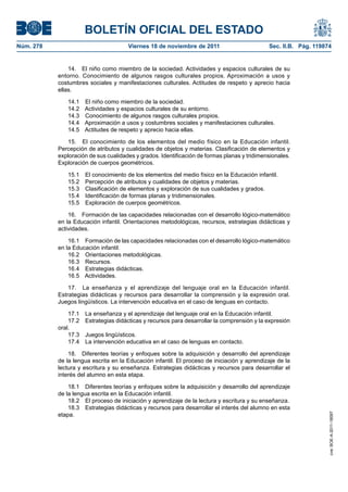 BOLETÍN OFICIAL DEL ESTADO
Núm. 278                              Viernes 18 de noviembre de 2011                        Sec. II.B. Pág. 119874


               14. El niño como miembro de la sociedad. Actividades y espacios culturales de su
           entorno. Conocimiento de algunos rasgos culturales propios. Aproximación a usos y
           costumbres sociales y manifestaciones culturales. Actitudes de respeto y aprecio hacia
           ellas.

              14.1 El niño como miembro de la sociedad.
              14.2 Actividades y espacios culturales de su entorno.
              14.3 Conocimiento de algunos rasgos culturales propios.
              14.4 Aproximación a usos y costumbres sociales y manifestaciones culturales.
              14.5 Actitudes de respeto y aprecio hacia ellas.

              15. El conocimiento de los elementos del medio físico en la Educación infantil.
           Percepción de atributos y cualidades de objetos y materias. Clasificación de elementos y
           exploración de sus cualidades y grados. Identificación de formas planas y tridimensionales.
           Exploración de cuerpos geométricos.

              15.1    El conocimiento de los elementos del medio físico en la Educación infantil.
              15.2    Percepción de atributos y cualidades de objetos y materias.
              15.3    Clasificación de elementos y exploración de sus cualidades y grados.
              15.4    Identificación de formas planas y tridimensionales.
              15.5    Exploración de cuerpos geométricos.

               16. Formación de las capacidades relacionadas con el desarrollo lógico-matemático
           en la Educación infantil. Orientaciones metodológicas, recursos, estrategias didácticas y
           actividades.

               16.1 Formación de las capacidades relacionadas con el desarrollo lógico-matemático
           en la Educación infantil.
               16.2 Orientaciones metodológicas.
               16.3 Recursos.
               16.4 Estrategias didácticas.
               16.5 Actividades.

               17. La enseñanza y el aprendizaje del lenguaje oral en la Educación infantil.
           Estrategias didácticas y recursos para desarrollar la comprensión y la expresión oral.
           Juegos lingüísticos. La intervención educativa en el caso de lenguas en contacto.

               17.1   La enseñanza y el aprendizaje del lenguaje oral en la Educación infantil.
               17.2   Estrategias didácticas y recursos para desarrollar la comprensión y la expresión
           oral.
               17.3   Juegos lingüísticos.
               17.4   La intervención educativa en el caso de lenguas en contacto.

               18. Diferentes teorías y enfoques sobre la adquisición y desarrollo del aprendizaje
           de la lengua escrita en la Educación infantil. El proceso de iniciación y aprendizaje de la
           lectura y escritura y su enseñanza. Estrategias didácticas y recursos para desarrollar el
           interés del alumno en esta etapa.

               18.1 Diferentes teorías y enfoques sobre la adquisición y desarrollo del aprendizaje
           de la lengua escrita en la Educación infantil.
               18.2 El proceso de iniciación y aprendizaje de la lectura y escritura y su enseñanza.
               18.3 Estrategias didácticas y recursos para desarrollar el interés del alumno en esta
           etapa.
                                                                                                                  cve: BOE-A-2011-18097
 