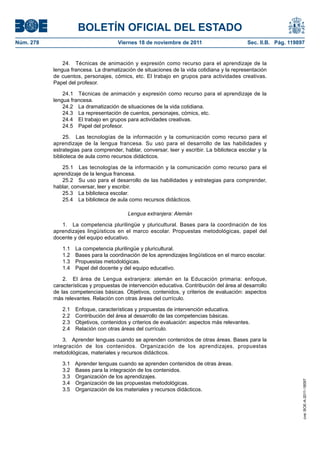 BOLETÍN OFICIAL DEL ESTADO
Núm. 278                              Viernes 18 de noviembre de 2011                        Sec. II.B. Pág. 119897


               24. Técnicas de animación y expresión como recurso para el aprendizaje de la
           lengua francesa. La dramatización de situaciones de la vida cotidiana y la representación
           de cuentos, personajes, cómics, etc. El trabajo en grupos para actividades creativas.
           Papel del profesor.

               24.1 Técnicas de animación y expresión como recurso para el aprendizaje de la
           lengua francesa.
               24.2 La dramatización de situaciones de la vida cotidiana.
               24.3 La representación de cuentos, personajes, cómics, etc.
               24.4 El trabajo en grupos para actividades creativas.
               24.5 Papel del profesor.

                25. Las tecnologías de la información y la comunicación como recurso para el
           aprendizaje de la lengua francesa. Su uso para el desarrollo de las habilidades y
           estrategias para comprender, hablar, conversar, leer y escribir. La biblioteca escolar y la
           biblioteca de aula como recursos didácticos.

              25.1 Las tecnologías de la información y la comunicación como recurso para el
           aprendizaje de la lengua francesa.
              25.2 Su uso para el desarrollo de las habilidades y estrategias para comprender,
           hablar, conversar, leer y escribir.
              25.3 La biblioteca escolar.
              25.4 La biblioteca de aula como recursos didácticos.

                                          Lengua extranjera: Alemán

              1. La competencia plurilingüe y pluricultural. Bases para la coordinación de los
           aprendizajes lingüísticos en el marco escolar. Propuestas metodológicas, papel del
           docente y del equipo educativo.

              1.1   La competencia plurilingüe y pluricultural.
              1.2   Bases para la coordinación de los aprendizajes lingüísticos en el marco escolar.
              1.3   Propuestas metodológicas.
              1.4   Papel del docente y del equipo educativo.

               2. El área de Lengua extranjera: alemán en la Educación primaria: enfoque,
           características y propuestas de intervención educativa. Contribución del área al desarrollo
           de las competencias básicas. Objetivos, contenidos, y criterios de evaluación: aspectos
           más relevantes. Relación con otras áreas del currículo.

              2.1   Enfoque, características y propuestas de intervención educativa.
              2.2   Contribución del área al desarrollo de las competencias básicas.
              2.3   Objetivos, contenidos y criterios de evaluación: aspectos más relevantes.
              2.4   Relación con otras áreas del currículo.

               3. Aprender lenguas cuando se aprenden contenidos de otras áreas. Bases para la
           integración de los contenidos. Organización de los aprendizajes, propuestas
           metodológicas, materiales y recursos didácticos.

              3.1 Aprender lenguas cuando se aprenden contenidos de otras áreas.
              3.2 Bases para la integración de los contenidos.
              3.3 Organización de los aprendizajes.
                                                                                                                  cve: BOE-A-2011-18097




              3.4 Organización de las propuestas metodológicas.
              3.5 Organización de los materiales y recursos didácticos.
 