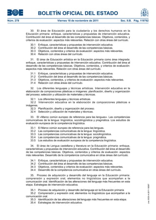 BOLETÍN OFICIAL DEL ESTADO
Núm. 278                              Viernes 18 de noviembre de 2011                        Sec. II.B. Pág. 119792


                30. El área de Educación para la ciudadanía y los derechos humanos en la
           Educación primaria: enfoque, características y propuestas de intervención educativa.
           Contribución del área al desarrollo de las competencias básicas. Objetivos, contenidos, y
           criterios de evaluación: aspectos más relevantes. Relación con otras áreas del currículo.
              30.1   Enfoque, características y propuestas de intervención educativa.
              30.2   Contribución del área al desarrollo de las competencias básicas.
              30.3   Objetivos, contenidos y criterios de evaluación: aspectos más relevantes.
              30.4   Relación con otras áreas del currículo.

               31. El área de Educación artística en la Educación primaria como área integrada:
           enfoque, características y propuestas de intervención educativa. Contribución del área al
           desarrollo de las competencias básicas. Objetivos, contenidos, y criterios de evaluación:
           aspectos más relevantes. Relación con otras áreas del currículo.
              31.1   Enfoque, características y propuestas de intervención educativa.
              31.2   Contribución del área al desarrollo de las competencias básicas.
              31.3   Objetivos, contenidos, y criterios de evaluación: aspectos más relevantes.
              31.4   Relación con otras áreas del currículo.

               32. Los diferentes lenguajes y técnicas artísticas. Intervención educativa en la
           elaboración de composiciones plásticas e imágenes: planificación, diseño y organización
           del proceso; selección y utilización de materiales y técnicas.
              32.1 Los diferentes lenguajes y técnicas artísticas.
              32.2 Intervención educativa en la elaboración de composiciones plásticas e
           imágenes.
              32.3 Planificación, diseño y organización del proceso.
              32.4 Selección y utilización de materiales y técnicas.

              33. El «Marco común europeo de referencia para las lenguas». Las competencias
           comunicativas de la lengua: lingüística, sociolingüística y pragmática. Los estudios de
           evaluación europeos de la competencia lingüística.
              33.1   El Marco común europeo de referencia para las lenguas.
              33.2   Las competencias comunicativas de la lengua: lingüística.
              33.3   Las competencias comunicativas de la lengua: sociolingüística.
              33.4   Las competencias comunicativas de la lengua: pragmática.
              33.5   Los estudios de evaluación europeos de la competencia lingüística.

               34. El área de Lengua castellana y literatura en la Educación primaria: enfoque,
           características y propuestas de intervención educativa. Contribución del área al desarrollo
           de las competencias básicas. Objetivos, contenidos y criterios de evaluación: aspectos
           más relevantes. Desarrollo de la competencia comunicativa en otras áreas del currículo.

              34.1   Enfoque, características y propuestas de intervención educativa.
              34.2   Contribución del área al desarrollo de las competencias básicas.
              34.3   Objetivos, contenidos y criterios de evaluación: aspectos más relevantes.
              34.4   Desarrollo de la competencia comunicativa en otras áreas del currículo.

               35. Proceso de adquisición y desarrollo del lenguaje en la Educación primaria:
           comprensión y expresión oral, elementos no lingüísticos que acompañan a la
           comunicación oral. Identificación de las alteraciones del lenguaje más frecuentes en esta
           etapa. Estrategias de intervención educativa.
                                                                                                                  cve: BOE-A-2011-18097




              35.1 Proceso de adquisición y desarrollo del lenguaje en la Educación primaria
              35.2 Comprensión y expresión oral, elementos no lingüísticos que acompañan a la
           comunicación oral.
              35.3 Identificación de las alteraciones del lenguaje más frecuentes en esta etapa.
              35.4 Estrategias de intervención educativa.
 