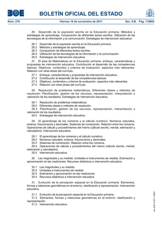 BOLETÍN OFICIAL DEL ESTADO
Núm. 278                              Viernes 18 de noviembre de 2011                        Sec. II.B. Pág. 119802


               26. Desarrollo de la expresión escrita en la Educación primaria. Métodos y
           estrategias de aprendizaje. Composición de diferentes textos escritos. Utilización de las
           tecnologías de la información y la comunicación. Estrategias de intervención educativa.

              26.1 Desarrollo de la expresión escrita en la Educación primaria.
              26.2 Métodos y estrategias de aprendizaje.
              26.3 Composición de diferentes textos escritos.
              26.4 Utilización de las tecnologías de la información y la comunicación.
              26.5 Estrategias de intervención educativa.
              27. El área de Matemáticas en la Educación primaria: enfoque, características y
           propuestas de intervención educativa. Contribución al desarrollo de las competencias
           básicas. Objetivos, contenidos y criterios de evaluación: aspectos más relevantes.
           Relación con otras áreas del currículo.
              27.1 Enfoque, características y propuestas de intervención educativa.
              27.2 Contribución al desarrollo de las competencias básicas.
              27.3 Objetivos, contenidos y criterios de evaluación: aspectos más relevantes.
              27.4 Relación con otras áreas del currículo.

               28. Resolución de problemas matemáticos. Diferentes clases y métodos de
           resolución. Planificación, gestión de los recursos, representación, interpretación y
           valoración de los resultados. Estrategias de intervención educativa.

               28.1 Resolución de problemas matemáticos.
               28.2 Diferentes clases y métodos de resolución.
               28.3 Planificación, gestión de los recursos, representación, interpretación y
           valoración de los resultados.
               28.4 Estrategias de intervención educativa.

               29. El aprendizaje de los números y el cálculo numérico. Números naturales,
           enteros, fraccionarios y decimales. Sistemas de numeración. Relación entre los números.
           Operaciones de cálculo y procedimientos del mismo (cálculo escrito, mental, estimación y
           calculadora). Intervención educativa.

               29.1 El aprendizaje de los números y el cálculo numérico.
               29.2 Números naturales, enteros, fraccionarios y decimales.
               29.3 Sistemas de numeración. Relación entre los números.
               29.4 Operaciones de cálculo y procedimientos del mismo (cálculo escrito, mental,
           estimación y calculadora).
               29.5 Intervención educativa.

              30. Las magnitudes y su medida. Unidades e Instrumentos de medida. Estimación y
           aproximación en las mediciones. Recursos didácticos e intervención educativa.

              30.1   Las magnitudes y su medida.
              30.2   Unidades e Instrumentos de medida.
              30.3   Estimación y aproximación en las mediciones.
              30.4   Recursos didácticos e intervención educativa.

               31. Evolución de la percepción espacial en la Educación primaria. Elementos,
           formas y relaciones geométricas en el entorno: clasificación y representación. Intervención
           educativa.
                                                                                                                  cve: BOE-A-2011-18097




               31.1 Evolución de la percepción espacial en la Educación primaria.
               31.2 Elementos, formas y relaciones geométricas en el entorno: clasificación y
           representación.
               31.3 Intervención educativa.
 