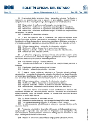 BOLETÍN OFICIAL DEL ESTADO
Núm. 278                              Viernes 18 de noviembre de 2011                        Sec. II.B. Pág. 119822


              19. El aprendizaje de los fenómenos físicos y los cambios químicos. Planificación y
           realización de experiencias para el estudio de propiedades, características y
           comportamiento de la materia y la energía. Estrategias de intervención educativa.

               19.1 El aprendizaje de los fenómenos físicos y los cambios químicos.
               19.2 Planificación y realización de experiencias para el estudio de propiedades.
               19.3 Planificación y realización de experiencias para el estudio de características.
               19.4 Planificación y realización de experiencias para el estudio del comportamiento
           de la materia y la energía.
               19.5 Estrategias de intervención educativa.

                20. El área de Educación para la ciudadanía y los derechos humanos en la
           Educación primaria: enfoque, características y propuestas de intervención educativa.
           Contribución del área al desarrollo de las competencias básicas. Objetivos, contenidos, y
           criterios de evaluación: aspectos más relevantes. Relación con otras áreas del currículo.

              20.1   Enfoque, características y propuestas de intervención educativa.
              20.2   Contribución del área al desarrollo de las competencias básicas.
              20.3   Objetivos, contenidos y criterios de evaluación: aspectos más relevantes.
              20.4   Relación con otras áreas del currículo.

               21. Los diferentes lenguajes y técnicas artísticas. Intervención educativa en la
           elaboración de composiciones plásticas e imágenes: planificación, diseño y organización
           del proceso; selección y utilización de materiales y técnicas.

              21.1 Los diferentes lenguajes y técnicas artísticas.
              21.2 Intervención educativa en la elaboración de composiciones plásticas e
           imágenes.
              21.3 Planificación, diseño y organización del proceso.
              21.4 Selección y utilización de materiales y técnicas.

               22. El área de Lengua castellana y literatura en la Educación primaria: enfoque,
           características y propuestas de intervención educativa. Contribución del área al desarrollo
           de las competencias básicas. Objetivos, contenidos y criterios de evaluación: aspectos
           más relevantes. Desarrollo de la competencia comunicativa en otras áreas del currículo.

              22.1   Enfoque, características y propuestas de intervención educativa.
              22.2   Contribución del área al desarrollo de las competencias básicas.
              22.3   Objetivos, contenidos y criterios de evaluación: aspectos más relevantes.
              22.4   Desarrollo de la competencia comunicativa en otras áreas del currículo.

                23. La educación literaria en el contexto escolar. Manifestaciones literarias más
           importantes aplicadas a la Educación primaria. Técnicas y estrategias de utilización de la
           literatura infantil y juvenil. La biblioteca escolar y la biblioteca de aula como recursos
           didácticos en la educación literaria.

              23.1 La educación literaria en el contexto escolar.
              23.2 Manifestaciones literarias más importantes aplicadas a la Educación primaria.
              23.3 Técnicas y estrategias de utilización de la literatura infantil y juvenil.
              23.4 La biblioteca escolar y la biblioteca de aula como recursos didácticos en la
           educación literaria.

               24. Proceso de adquisición y desarrollo del lenguaje en la Educación primaria:
                                                                                                                  cve: BOE-A-2011-18097




           comprensión y expresión oral, elementos no lingüísticos que acompañan a la
           comunicación oral. Identificación de las alteraciones del lenguaje más frecuentes en esta
           etapa. Estrategias de intervención educativa.

              24.1   Proceso de adquisición y desarrollo del lenguaje en la Educación primaria.
 