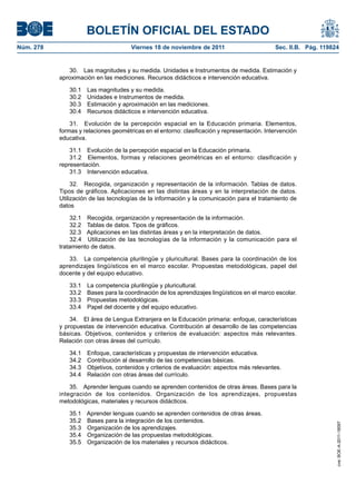 BOLETÍN OFICIAL DEL ESTADO
Núm. 278                              Viernes 18 de noviembre de 2011                        Sec. II.B. Pág. 119824


              30. Las magnitudes y su medida. Unidades e Instrumentos de medida. Estimación y
           aproximación en las mediciones. Recursos didácticos e intervención educativa.

              30.1   Las magnitudes y su medida.
              30.2   Unidades e Instrumentos de medida.
              30.3   Estimación y aproximación en las mediciones.
              30.4   Recursos didácticos e intervención educativa.

               31. Evolución de la percepción espacial en la Educación primaria. Elementos,
           formas y relaciones geométricas en el entorno: clasificación y representación. Intervención
           educativa.

               31.1 Evolución de la percepción espacial en la Educación primaria.
               31.2 Elementos, formas y relaciones geométricas en el entorno: clasificación y
           representación.
               31.3 Intervención educativa.

                32. Recogida, organización y representación de la información. Tablas de datos.
           Tipos de gráficos. Aplicaciones en las distintas áreas y en la interpretación de datos.
           Utilización de las tecnologías de la información y la comunicación para el tratamiento de
           datos

               32.1 Recogida, organización y representación de la información.
               32.2 Tablas de datos. Tipos de gráficos.
               32.3 Aplicaciones en las distintas áreas y en la interpretación de datos.
               32.4 Utilización de las tecnologías de la información y la comunicación para el
           tratamiento de datos.

              33. La competencia plurilingüe y pluricultural. Bases para la coordinación de los
           aprendizajes lingüísticos en el marco escolar. Propuestas metodológicas, papel del
           docente y del equipo educativo.

              33.1   La competencia plurilingüe y pluricultural.
              33.2   Bases para la coordinación de los aprendizajes lingüísticos en el marco escolar.
              33.3   Propuestas metodológicas.
              33.4   Papel del docente y del equipo educativo.

               34. El área de Lengua Extranjera en la Educación primaria: enfoque, características
           y propuestas de intervención educativa. Contribución al desarrollo de las competencias
           básicas. Objetivos, contenidos y criterios de evaluación: aspectos más relevantes.
           Relación con otras áreas del currículo.

              34.1   Enfoque, características y propuestas de intervención educativa.
              34.2   Contribución al desarrollo de las competencias básicas.
              34.3   Objetivos, contenidos y criterios de evaluación: aspectos más relevantes.
              34.4   Relación con otras áreas del currículo.

               35. Aprender lenguas cuando se aprenden contenidos de otras áreas. Bases para la
           integración de los contenidos. Organización de los aprendizajes, propuestas
           metodológicas, materiales y recursos didácticos.

              35.1 Aprender lenguas cuando se aprenden contenidos de otras áreas.
              35.2 Bases para la integración de los contenidos.
                                                                                                                  cve: BOE-A-2011-18097




              35.3 Organización de los aprendizajes.
              35.4 Organización de las propuestas metodológicas.
              35.5 Organización de los materiales y recursos didácticos.
 