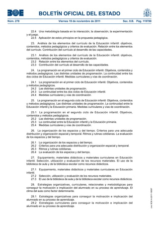 BOLETÍN OFICIAL DEL ESTADO
Núm. 278                               Viernes 18 de noviembre de 2011                         Sec. II.B. Pág. 119780


                22.4 Una metodología basada en la interacción, la observación, la experimentación
           y el juego.
                22.5 Aplicación de estos principios en la propuesta pedagógica.

               23. Análisis de los elementos del currículo de la Educación infantil: objetivos,
           contenidos, métodos pedagógicos y criterios de evaluación. Relación entre los elementos
           del currículo. Contribución del currículo al desarrollo de las capacidades.

              23.1 Análisis de los elementos del currículo de la Educación infantil: objetivos,
           contenidos, métodos pedagógicos y criterios de evaluación.
              23.2 Relación entre los elementos del currículo.
              23.3 Contribución del currículo al desarrollo de las capacidades.

              24. La programación en el primer ciclo de Educación infantil. Objetivos, contenidos y
           métodos pedagógicos. Las distintas unidades de programación. La continuidad entre los
           dos ciclos de Educación infantil. Medidas curriculares y vías de coordinación.

              24.1 La programación en el primer ciclo de Educación infantil. Objetivos, contenidos
           y métodos pedagógicos.
              24.2 Las distintas unidades de programación.
              24.3 La continuidad entre los dos ciclos de Educación infantil.
              24.4 Medidas curriculares y vías de coordinación.

              25. La programación en el segundo ciclo de Educación infantil. Objetivos, contenidos
           y métodos pedagógicos. Las distintas unidades de programación. La continuidad entre la
           Educación infantil y la Educación primaria. Medidas curriculares y vías de coordinación.

              25.1 La programación en el segundo ciclo de Educación infantil. Objetivos,
           contenidos y métodos pedagógicos.
              25.2 Las distintas unidades de programación.
              25.3 La continuidad entre la Educación infantil y la Educación primaria.
              25.4 Medidas curriculares y vías de coordinación.

               26. La organización de los espacios y del tiempo. Criterios para una adecuada
           distribución y organización espacial y temporal. Ritmos y rutinas cotidianas. La evaluación
           de los espacios y del tiempo.

              26.1   La organización de los espacios y del tiempo.
              26.2   Criterios para una adecuada distribución y organización espacial y temporal.
              26.3   Ritmos y rutinas cotidianas.
              26.4   La evaluación de los espacios y del tiempo.

                27. Equipamiento, materiales didácticos y materiales curriculares en Educación
           infantil. Selección, utilización y evaluación de los recursos materiales. El uso de la
           biblioteca de aula y de la biblioteca escolar como recursos didácticos.

               27.1 Equipamiento, materiales didácticos y materiales curriculares en Educación
           infantil.
               27.2 Selección, utilización y evaluación de los recursos materiales.
               27.3 El uso de la biblioteca de aula y de la biblioteca escolar como recursos didácticos.

               28. Estrategias organizativas, curriculares, relacionales y metodológicas para
           conseguir la motivación e implicación del alumnado en su proceso de aprendizaje. El
                                                                                                                    cve: BOE-A-2011-18097




           clima del aula como factor determinante.

              28.1 Estrategias organizativas para conseguir la motivación e implicación del
           alumnado en su proceso de aprendizaje.
              28.2 Estrategias curriculares para conseguir la motivación e implicación del
           alumnado en su proceso de aprendizaje.
 