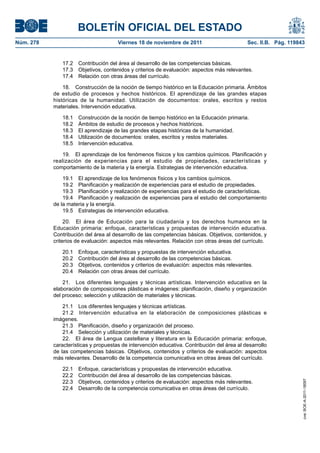 BOLETÍN OFICIAL DEL ESTADO
Núm. 278                              Viernes 18 de noviembre de 2011                        Sec. II.B. Pág. 119843


              17.2   Contribución del área al desarrollo de las competencias básicas.
              17.3   Objetivos, contenidos y criterios de evaluación: aspectos más relevantes.
              17.4   Relación con otras áreas del currículo.

               18. Construcción de la noción de tiempo histórico en la Educación primaria. Ámbitos
           de estudio de procesos y hechos históricos. El aprendizaje de las grandes etapas
           históricas de la humanidad. Utilización de documentos: orales, escritos y restos
           materiales. Intervención educativa.

              18.1   Construcción de la noción de tiempo histórico en la Educación primaria.
              18.2   Ámbitos de estudio de procesos y hechos históricos.
              18.3   El aprendizaje de las grandes etapas históricas de la humanidad.
              18.4   Utilización de documentos: orales, escritos y restos materiales.
              18.5   Intervención educativa.

              19. El aprendizaje de los fenómenos físicos y los cambios químicos. Planificación y
           realización de experiencias para el estudio de propiedades, características y
           comportamiento de la materia y la energía. Estrategias de intervención educativa.

               19.1 El aprendizaje de los fenómenos físicos y los cambios químicos.
               19.2 Planificación y realización de experiencias para el estudio de propiedades.
               19.3 Planificación y realización de experiencias para el estudio de características.
               19.4 Planificación y realización de experiencias para el estudio del comportamiento
           de la materia y la energía.
               19.5 Estrategias de intervención educativa.

                20. El área de Educación para la ciudadanía y los derechos humanos en la
           Educación primaria: enfoque, características y propuestas de intervención educativa.
           Contribución del área al desarrollo de las competencias básicas. Objetivos, contenidos, y
           criterios de evaluación: aspectos más relevantes. Relación con otras áreas del currículo.

              20.1   Enfoque, características y propuestas de intervención educativa.
              20.2   Contribución del área al desarrollo de las competencias básicas.
              20.3   Objetivos, contenidos y criterios de evaluación: aspectos más relevantes.
              20.4   Relación con otras áreas del currículo.

               21. Los diferentes lenguajes y técnicas artísticas. Intervención educativa en la
           elaboración de composiciones plásticas e imágenes: planificación, diseño y organización
           del proceso; selección y utilización de materiales y técnicas.

               21.1 Los diferentes lenguajes y técnicas artísticas.
               21.2 Intervención educativa en la elaboración de composiciones plásticas e
           imágenes.
               21.3 Planificación, diseño y organización del proceso.
               21.4 Selección y utilización de materiales y técnicas.
               22. El área de Lengua castellana y literatura en la Educación primaria: enfoque,
           características y propuestas de intervención educativa. Contribución del área al desarrollo
           de las competencias básicas. Objetivos, contenidos y criterios de evaluación: aspectos
           más relevantes. Desarrollo de la competencia comunicativa en otras áreas del currículo.

              22.1   Enfoque, características y propuestas de intervención educativa.
              22.2   Contribución del área al desarrollo de las competencias básicas.
              22.3   Objetivos, contenidos y criterios de evaluación: aspectos más relevantes.
                                                                                                                  cve: BOE-A-2011-18097




              22.4   Desarrollo de la competencia comunicativa en otras áreas del currículo.
 
