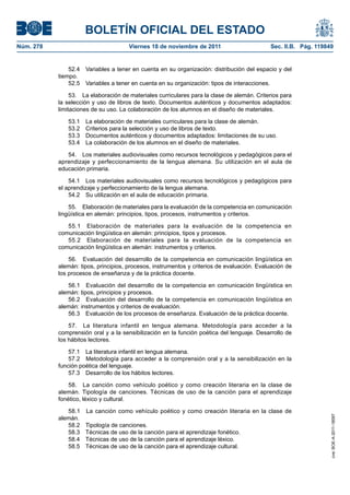 BOLETÍN OFICIAL DEL ESTADO
Núm. 278                              Viernes 18 de noviembre de 2011                           Sec. II.B. Pág. 119849


               52.4   Variables a tener en cuenta en su organización: distribución del espacio y del
           tiempo.
               52.5   Variables a tener en cuenta en su organización: tipos de interacciones.

                53. La elaboración de materiales curriculares para la clase de alemán. Criterios para
           la selección y uso de libros de texto. Documentos auténticos y documentos adaptados:
           limitaciones de su uso. La colaboración de los alumnos en el diseño de materiales.

              53.1    La elaboración de materiales curriculares para la clase de alemán.
              53.2    Criterios para la selección y uso de libros de texto.
              53.3    Documentos auténticos y documentos adaptados: limitaciones de su uso.
              53.4    La colaboración de los alumnos en el diseño de materiales.

              54. Los materiales audiovisuales como recursos tecnológicos y pedagógicos para el
           aprendizaje y perfeccionamiento de la lengua alemana. Su utilización en el aula de
           educación primaria.

               54.1 Los materiales audiovisuales como recursos tecnológicos y pedagógicos para
           el aprendizaje y perfeccionamiento de la lengua alemana.
               54.2 Su utilización en el aula de educación primaria.

               55. Elaboración de materiales para la evaluación de la competencia en comunicación
           lingüística en alemán: principios, tipos, procesos, instrumentos y criterios.

              55.1 Elaboración de materiales para la evaluación de la competencia en
           comunicación lingüística en alemán: principios, tipos y procesos.
              55.2 Elaboración de materiales para la evaluación de la competencia en
           comunicación lingüística en alemán: instrumentos y criterios.

               56. Evaluación del desarrollo de la competencia en comunicación lingüística en
           alemán: tipos, principios, procesos, instrumentos y criterios de evaluación. Evaluación de
           los procesos de enseñanza y de la práctica docente.

              56.1 Evaluación del desarrollo de la competencia en comunicación lingüística en
           alemán: tipos, principios y procesos.
              56.2 Evaluación del desarrollo de la competencia en comunicación lingüística en
           alemán: instrumentos y criterios de evaluación.
              56.3 Evaluación de los procesos de enseñanza. Evaluación de la práctica docente.

               57. La literatura infantil en lengua alemana. Metodología para acceder a la
           comprensión oral y a la sensibilización en la función poética del lenguaje. Desarrollo de
           los hábitos lectores.

               57.1 La literatura infantil en lengua alemana.
               57.2 Metodología para acceder a la comprensión oral y a la sensibilización en la
           función poética del lenguaje.
               57.3 Desarrollo de los hábitos lectores.

               58. La canción como vehículo poético y como creación literaria en la clase de
           alemán. Tipología de canciones. Técnicas de uso de la canción para el aprendizaje
           fonético, léxico y cultural.

              58.1    La canción como vehículo poético y como creación literaria en la clase de
                                                                                                                     cve: BOE-A-2011-18097




           alemán.
              58.2    Tipología de canciones.
              58.3    Técnicas de uso de la canción para el aprendizaje fonético.
              58.4    Técnicas de uso de la canción para el aprendizaje léxico.
              58.5    Técnicas de uso de la canción para el aprendizaje cultural.
 