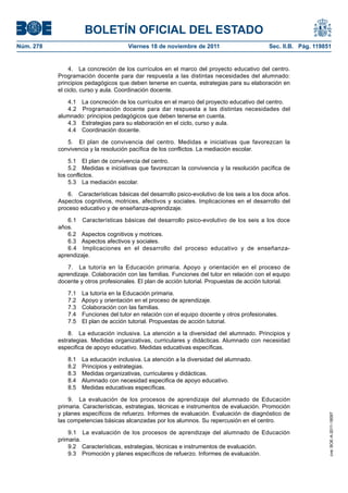 BOLETÍN OFICIAL DEL ESTADO
Núm. 278                              Viernes 18 de noviembre de 2011                       Sec. II.B. Pág. 119851


                4. La concreción de los currículos en el marco del proyecto educativo del centro.
           Programación docente para dar respuesta a las distintas necesidades del alumnado:
           principios pedagógicos que deben tenerse en cuenta, estrategias para su elaboración en
           el ciclo, curso y aula. Coordinación docente.

              4.1 La concreción de los currículos en el marco del proyecto educativo del centro.
              4.2 Programación docente para dar respuesta a las distintas necesidades del
           alumnado: principios pedagógicos que deben tenerse en cuenta.
              4.3 Estrategias para su elaboración en el ciclo, curso y aula.
              4.4 Coordinación docente.

              5. El plan de convivencia del centro. Medidas e iniciativas que favorezcan la
           convivencia y la resolución pacífica de los conflictos. La mediación escolar.

               5.1 El plan de convivencia del centro.
               5.2 Medidas e iniciativas que favorezcan la convivencia y la resolución pacífica de
           los conflictos.
               5.3 La mediación escolar.

               6. Características básicas del desarrollo psico-evolutivo de los seis a los doce años.
           Aspectos cognitivos, motrices, afectivos y sociales. Implicaciones en el desarrollo del
           proceso educativo y de enseñanza-aprendizaje.

              6.1 Características básicas del desarrollo psico-evolutivo de los seis a los doce
           años.
              6.2 Aspectos cognitivos y motrices.
              6.3 Aspectos afectivos y sociales.
              6.4 Implicaciones en el desarrollo del proceso educativo y de enseñanza-
           aprendizaje.

              7. La tutoría en la Educación primaria. Apoyo y orientación en el proceso de
           aprendizaje. Colaboración con las familias. Funciones del tutor en relación con el equipo
           docente y otros profesionales. El plan de acción tutorial. Propuestas de acción tutorial.

              7.1 La tutoría en la Educación primaria.
              7.2 Apoyo y orientación en el proceso de aprendizaje.
              7.3 Colaboración con las familias.
              7.4 Funciones del tutor en relación con el equipo docente y otros profesionales.
              7.5 El plan de acción tutorial. Propuestas de acción tutorial.

               8. La educación inclusiva. La atención a la diversidad del alumnado. Principios y
           estrategias. Medidas organizativas, curriculares y didácticas. Alumnado con necesidad
           especifica de apoyo educativo. Medidas educativas específicas.

              8.1 La educación inclusiva. La atención a la diversidad del alumnado.
              8.2 Principios y estrategias.
              8.3 Medidas organizativas, curriculares y didácticas.
              8.4 Alumnado con necesidad especifica de apoyo educativo.
              8.5 Medidas educativas específicas.

               9. La evaluación de los procesos de aprendizaje del alumnado de Educación
           primaria. Características, estrategias, técnicas e instrumentos de evaluación. Promoción
           y planes específicos de refuerzo. Informes de evaluación. Evaluación de diagnóstico de
                                                                                                                 cve: BOE-A-2011-18097




           las competencias básicas alcanzadas por los alumnos. Su repercusión en el centro.

               9.1 La evaluación de los procesos de aprendizaje del alumnado de Educación
           primaria.
               9.2 Características, estrategias, técnicas e instrumentos de evaluación.
               9.3 Promoción y planes específicos de refuerzo. Informes de evaluación.
 