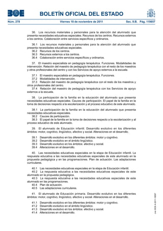 BOLETÍN OFICIAL DEL ESTADO
Núm. 278                              Viernes 18 de noviembre de 2011                       Sec. II.B. Pág. 119857


               36. Los recursos materiales y personales para la atención del alumnado que
           presenta necesidades educativas especiales. Recursos de los centros. Recursos externos
           a los centros. Colaboración entre servicios específicos y ordinarios.

               36.1 Los recursos materiales y personales para la atención del alumnado que
           presenta necesidades educativas especiales.
               36.2 Recursos de los centros.
               36.3 Recursos externos a los centros.
               36.4 Colaboración entre servicios específicos y ordinarios.

               37. El maestro especialista en pedagogía terapéutica. Funciones. Modalidades de
           intervención. Relación del maestro de pedagogía terapéutica con el resto de los maestros
           y otros profesionales del centro y con los Servicios de apoyo externos a la escuela.

               37.1 El maestro especialista en pedagogía terapéutica. Funciones.
               37.2 Modalidades de intervención.
               37.3 Relación del maestro de pedagogía terapéutica con el resto de los maestros y
           otros profesionales del centro.
               37.4 Relación del maestro de pedagogía terapéutica con los Servicios de apoyo
           externos a la escuela.

              38. La participación de la familia en la educación del alumnado que presenta
           necesidades educativas especiales. Cauces de participación. El papel de la familia en la
           toma de decisiones respecto a la escolarización y al proceso educativo de este alumnado.

               38.1 La participación de la familia en la educación del alumnado que presenta
           necesidades educativas especiales.
               38.2 Cauces de participación.
               38.3 El papel de la familia en la toma de decisiones respecto a la escolarización y al
           proceso educativo de este alumnado.

              39. El alumnado de Educación infantil. Desarrollo evolutivo en los diferentes
           ámbitos: motor, cognitivo, lingüístico, afectivo y social. Alteraciones en el desarrollo.

              39.1 Desarrollo evolutivo en los diferentes ámbitos: motor y cognitivo.
              39.2 Desarrollo evolutivo en el ámbito lingüístico.
              39.3 Desarrollo evolutivo en los ámbitos: afectivo y social.
              39.4 Alteraciones en el desarrollo.

               40. Las necesidades educativas especiales en la etapa de Educación infantil. La
           respuesta educativa a las necesidades educativas especiales de este alumnado en la
           propuesta pedagógica y en las programaciones. Plan de actuación. Las adaptaciones
           curriculares.

              40.1 Las necesidades educativas especiales en la etapa de Educación infantil.
              40.2 La respuesta educativa a las necesidades educativas especiales de este
           alumnado en la propuesta pedagógica.
              40.3 La respuesta educativa a las necesidades educativas especiales de este
           alumnado en las programaciones.
              40.4 Plan de actuación.
              40.5 Las adaptaciones curriculares.

              41. El alumnado de Educación primaria. Desarrollo evolutivo en los diferentes
                                                                                                                 cve: BOE-A-2011-18097




           ámbitos: motor, cognitivo, lingüístico, afectivo y social. Alteraciones en el desarrollo.

              41.1 Desarrollo evolutivo en los diferentes ámbitos: motor y cognitivo.
              41.2 Desarrollo evolutivo en el ámbito lingüístico.
              41.3 Desarrollo evolutivo en los ámbitos: afectivo y social.
              41.4 Alteraciones en el desarrollo.
 