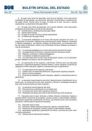 BOLETÍN OFICIAL DEL ESTADO
Núm. 278                              Viernes 18 de noviembre de 2011                        Sec. II.B. Pág. 119873


               9. El juego como factor de desarrollo, como recurso didáctico, como instrumento
           privilegiado de aprendizaje y de intervención educativa. Características y clasificaciones
           del juego infantil. Teorías sobre el juego. El juego en el aula: recursos y pautas
           organizativas. La observación del juego infantil.

               9.1 El juego como factor de desarrollo, como recurso didáctico, como instrumento
           privilegiado de aprendizaje y de intervención educativa.
               9.2 Características y clasificaciones del juego infantil.
               9.3 Teorías sobre el juego.
               9.4 El juego en el aula: recursos y pautas organizativas.
               9.5 La observación del juego infantil.

               10. La propuesta pedagógica en el marco del proyecto educativo de centro. La
           programación en el primer y segundo ciclo de la Educación infantil. Objetivos, contenidos
           y métodos pedagógicos. Las distintas unidades de programación. La continuidad entre
           los dos ciclos de Educación infantil y con la Educación primaria. Medidas curriculares y
           vías de coordinación.

               10.1 La propuesta pedagógica en el marco del proyecto educativo de centro.
               10.2 La programación en el primer y segundo ciclo de la Educación infantil.
               10.3 Objetivos, contenidos y métodos pedagógicos.
               10.4 Las distintas unidades de programación.
               10.5 La continuidad entre los dos ciclos de Educación infantil y con la Educación
           primaria. Medidas curriculares y vías de coordinación.

               11. La organización de los espacios y del tiempo. Criterios para una adecuada
           distribución y organización espacial y temporal. Ritmos y rutinas cotidianas. El período de
           adaptación al centro educativo: objetivos y orientaciones para su planificación.

               11.1 La organización de los espacios y del tiempo.
               11.2 Criterios para una adecuada distribución y organización espacial y temporal.
               11.3 Ritmos y rutinas cotidianas.
               11.4 El período de adaptación al centro educativo: objetivos y orientaciones para su
           planificación.

              12. La educación sexual hasta los seis años. Descubrimiento e identificación con el
           propio sexo. La construcción de los roles masculino y femenino. Estrategias educativas
           para evitar la discriminación por razón de género.

              12.1   La educación sexual hasta los seis años.
              12.2   Descubrimiento e identificación con el propio sexo.
              12.3   La construcción de los roles masculino y femenino.
              12.4   Estrategias educativas para evitar la discriminación por razón de género.

               13. Educación para la salud. Actitudes y hábitos referidos al descanso, higiene y
           actividad infantil. Prevención de accidentes, primeros auxilios y enfermedades infantiles.
           Alimentación equilibrada y planificación de menús. Las horas de comer como momentos
           educativos. Criterios para la intervención educativa.

             13.1 Educación para la salud.
             13.2 Actitudes y hábitos referidos al descanso, higiene y actividad infantil.
             13.3 Prevención de accidentes, primeros auxilios y enfermedades infantiles.
             13.4 Alimentación equilibrada y planificación de menús. Las horas de comer como
                                                                                                                  cve: BOE-A-2011-18097




           momentos educativos.
             13.5 Criterios para la intervención educativa.
 